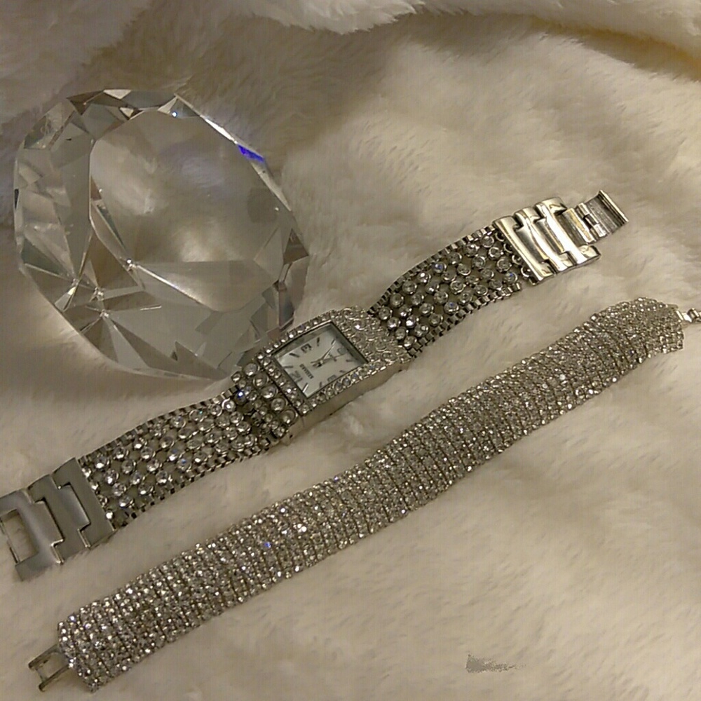 LOT OF 2 RHINESTONE WATCH & BRACELET